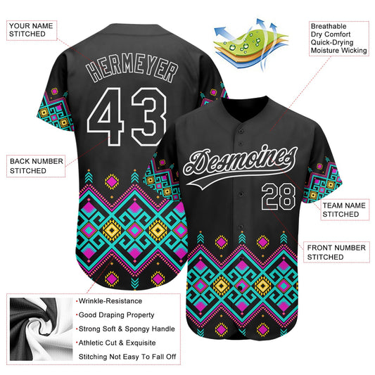 Custom Black White 3D Pattern Design Traditional African Ethnic Style Authentic Baseball Jersey - Sky-Custom