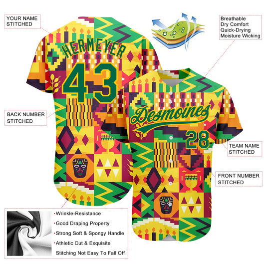 Custom Yellow Kelly Green 3D Pattern Design African Happy Kwanzaa Authentic Baseball Jersey - Sky-Custom