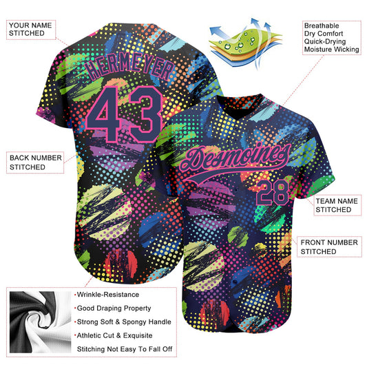 Custom Navy Pink 3D Pattern Design Abstract Halftone Circles Zigzag Style Authentic Baseball Jersey - Sky-Custom