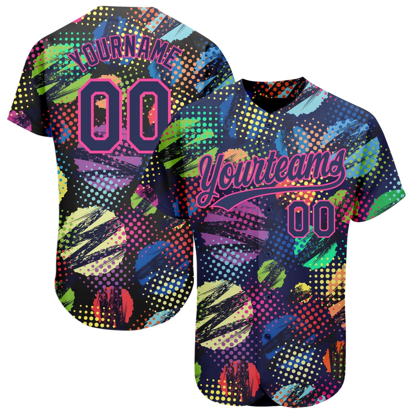 Custom Navy Pink 3D Pattern Design Abstract Halftone Circles Zigzag Style Authentic Baseball Jersey - Sky-Custom