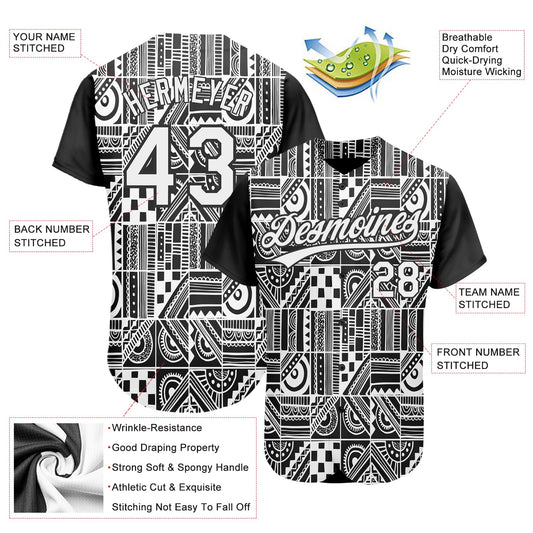 Custom Black White 3D Pattern Design Geometric Monochrome Mosaic Style Authentic Baseball Jersey - Sky-Custom