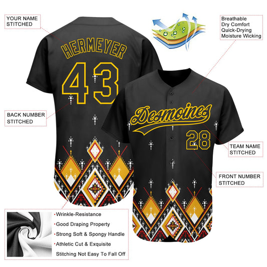 Custom Black Yellow 3D Pattern Design Geometric African Ethnic Style Authentic Baseball Jersey - Sky-Custom