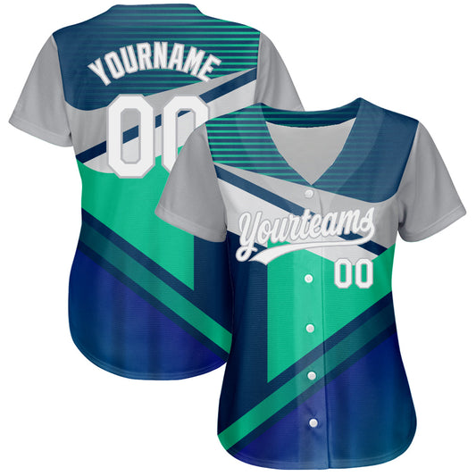 Custom Navy White Gray-Aqua 3D Pattern Design Abstract Sport Authentic Baseball Jersey - Sky-Custom