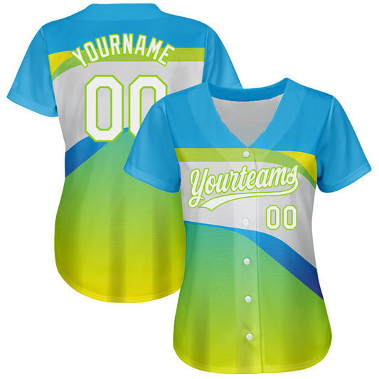 Custom Neon Green White-Sky Blue 3D Pattern Design Abstract Sport Authentic Baseball Jersey - Sky-Custom