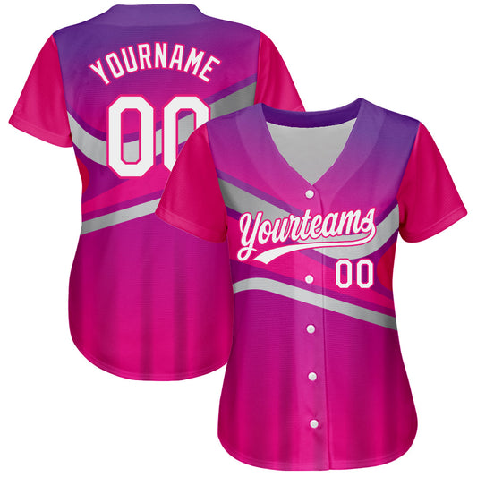Custom Purple White-Hot Pink 3D Pattern Design Abstract Sport Authentic Baseball Jersey - Sky-Custom