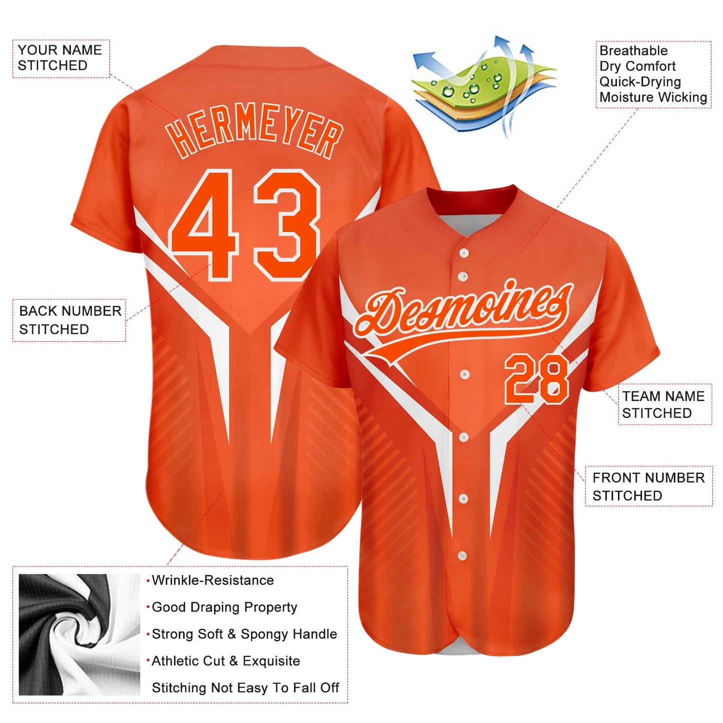 Custom Orange White 3D Pattern Design Abstract Sport Authentic Baseball Jersey - Sky-Custom