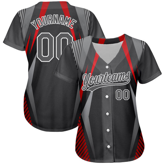 Custom Steel Gray Red-White 3D Pattern Design Abstract Sport Authentic Baseball Jersey - Sky-Custom