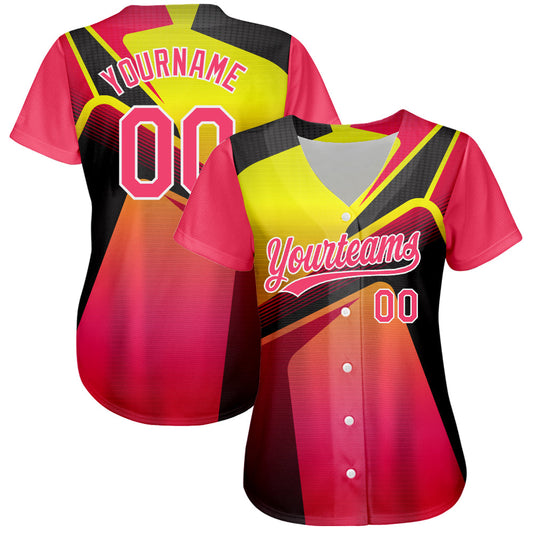 Custom Neon Pink Neon Yellow-White 3D Pattern Design Abstract Sport Authentic Baseball Jersey - Sky-Custom