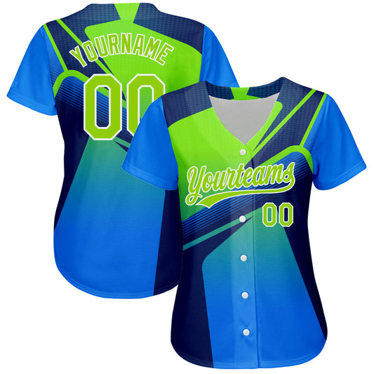 Custom Royal Neon Green-White 3D Pattern Design Abstract Sport Authentic Baseball Jersey - Sky-Custom