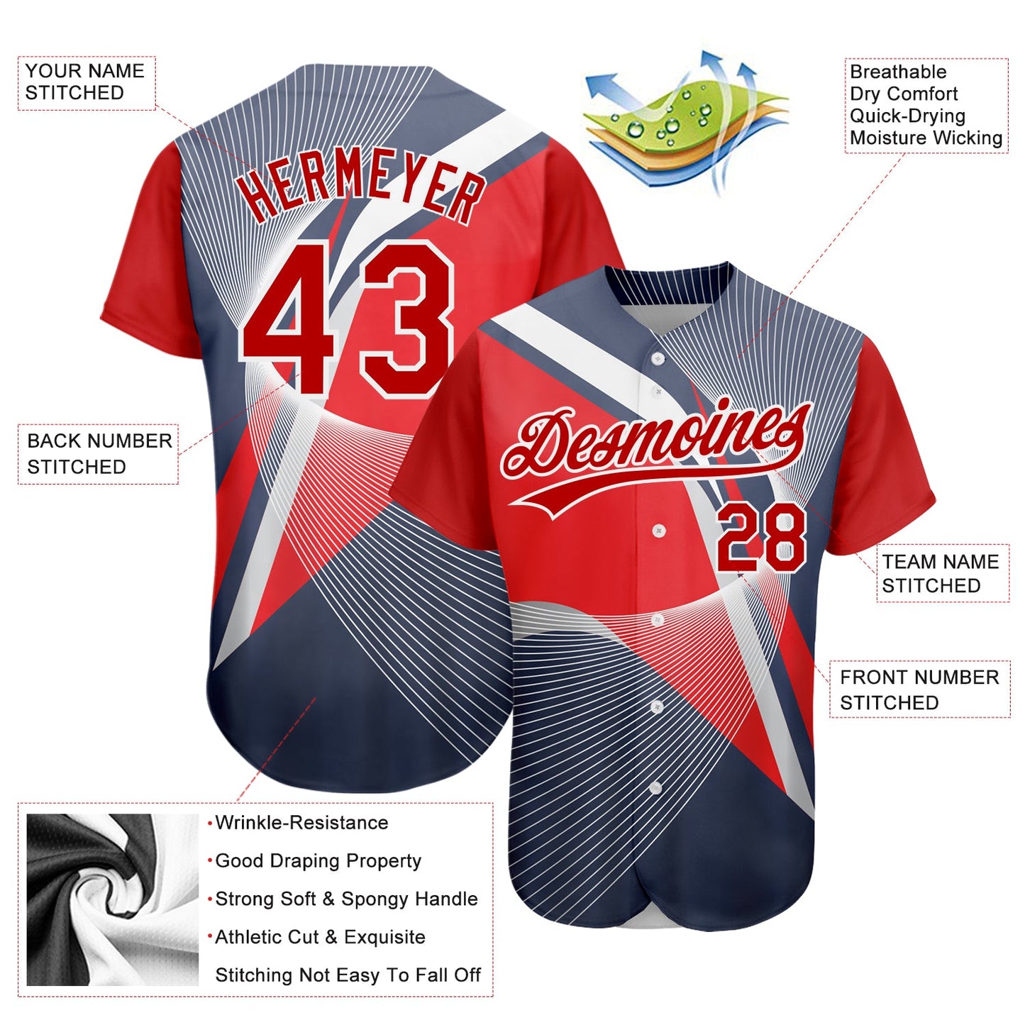Custom Navy Red-White 3D Pattern Design Abstract Sport Authentic Baseball Jersey - Sky-Custom
