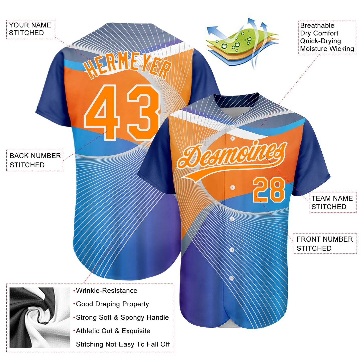 Custom Light Blue Bay Orange-White 3D Pattern Design Abstract Sport Authentic Baseball Jersey - Sky-Custom