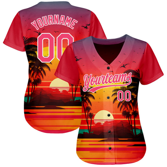 Custom Neon Pink White 3D Pattern Design Hawaii Palm Trees And Beach Sunrise Authentic Baseball Jersey - Sky-Custom