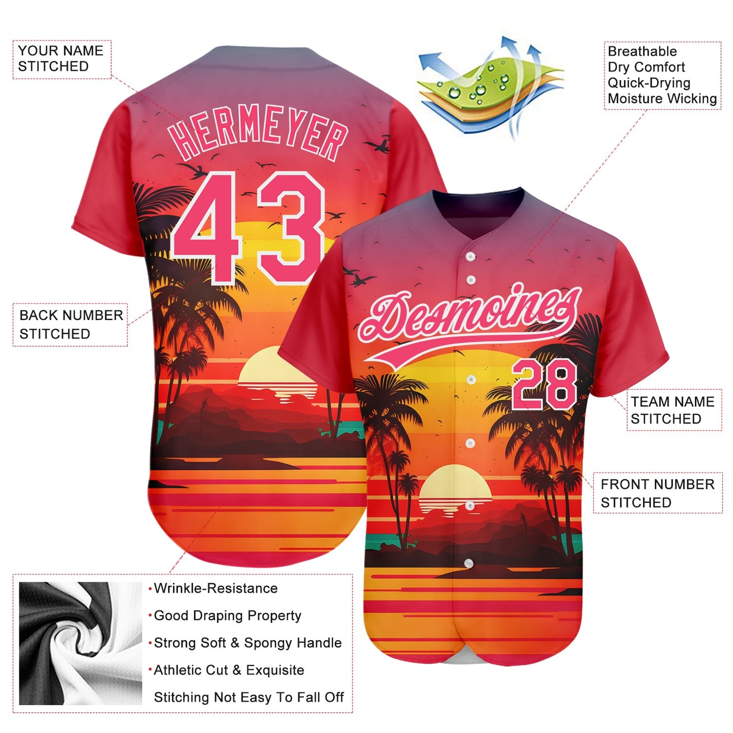 Custom Neon Pink White 3D Pattern Design Hawaii Palm Trees And Beach Sunrise Authentic Baseball Jersey - Sky-Custom
