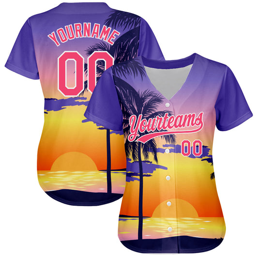 Custom Purple Neon Pink-White 3D Pattern Design Hawaii Palm Trees And Beach Sunrise Authentic Baseball Jersey - Sky-Custom