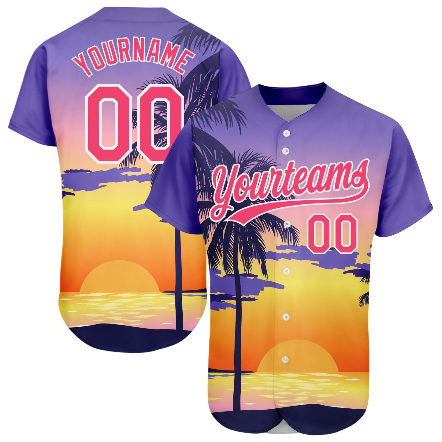 Custom Purple Neon Pink-White 3D Pattern Design Hawaii Palm Trees And Beach Sunrise Authentic Baseball Jersey - Sky-Custom