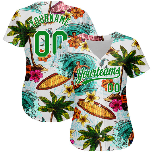 Custom White Grass Green 3D Pattern Design Hawaii Palm Trees And Beach Surfing Authentic Baseball Jersey - Sky-Custom