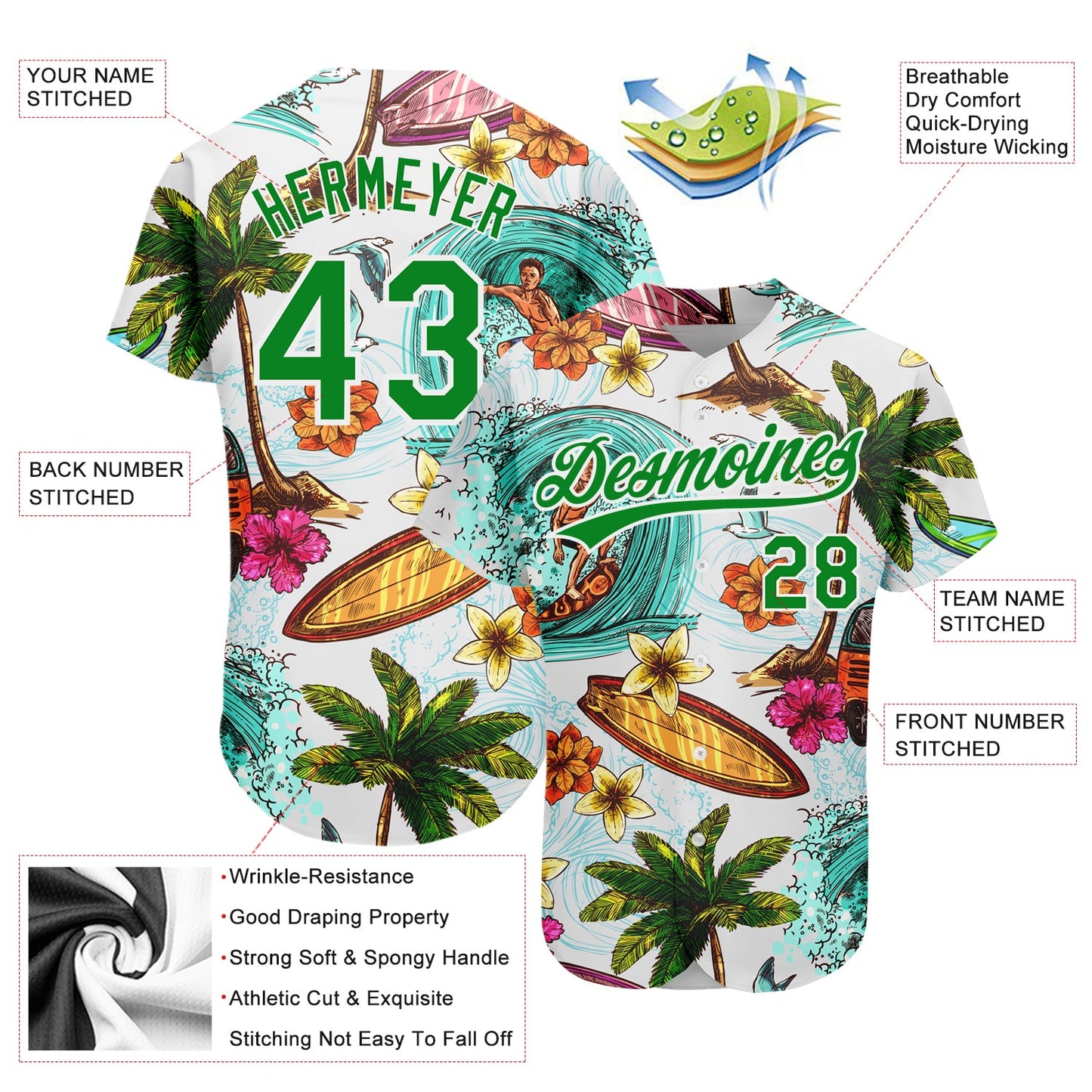 Custom White Grass Green 3D Pattern Design Hawaii Palm Trees And Beach Surfing Authentic Baseball Jersey - Sky-Custom