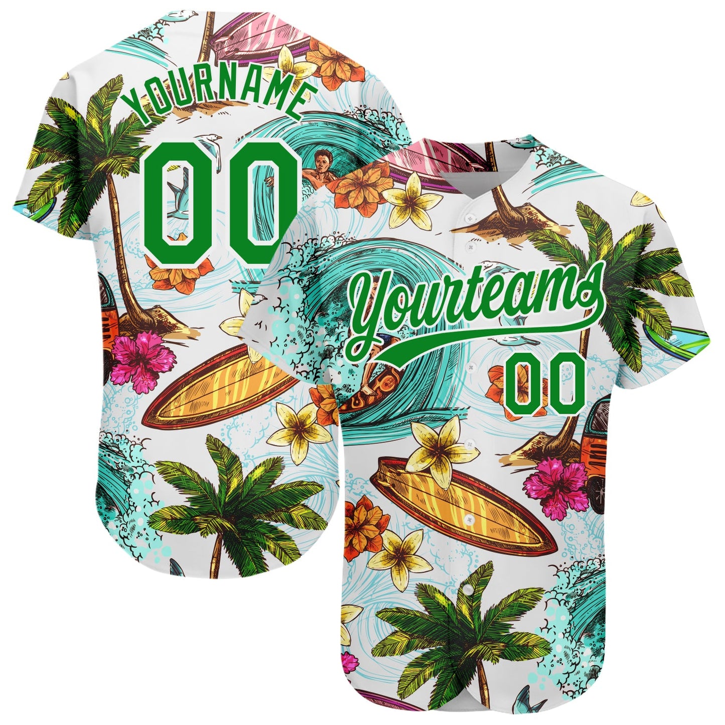 Custom White Grass Green 3D Pattern Design Hawaii Palm Trees And Beach Surfing Authentic Baseball Jersey - Sky-Custom