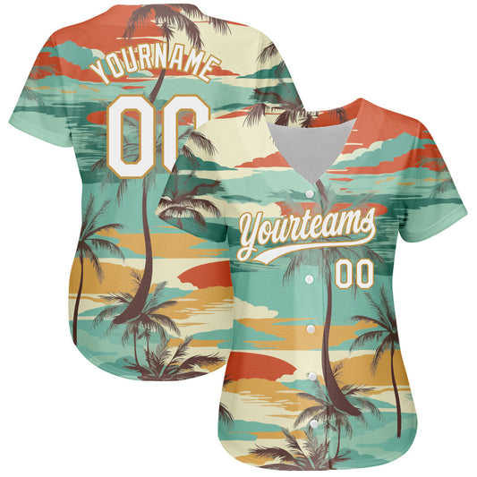 Custom Aqua White-Old Gold 3D Pattern Design Cartoon Hawaii Palm Trees Authentic Baseball Jersey - Sky-Custom