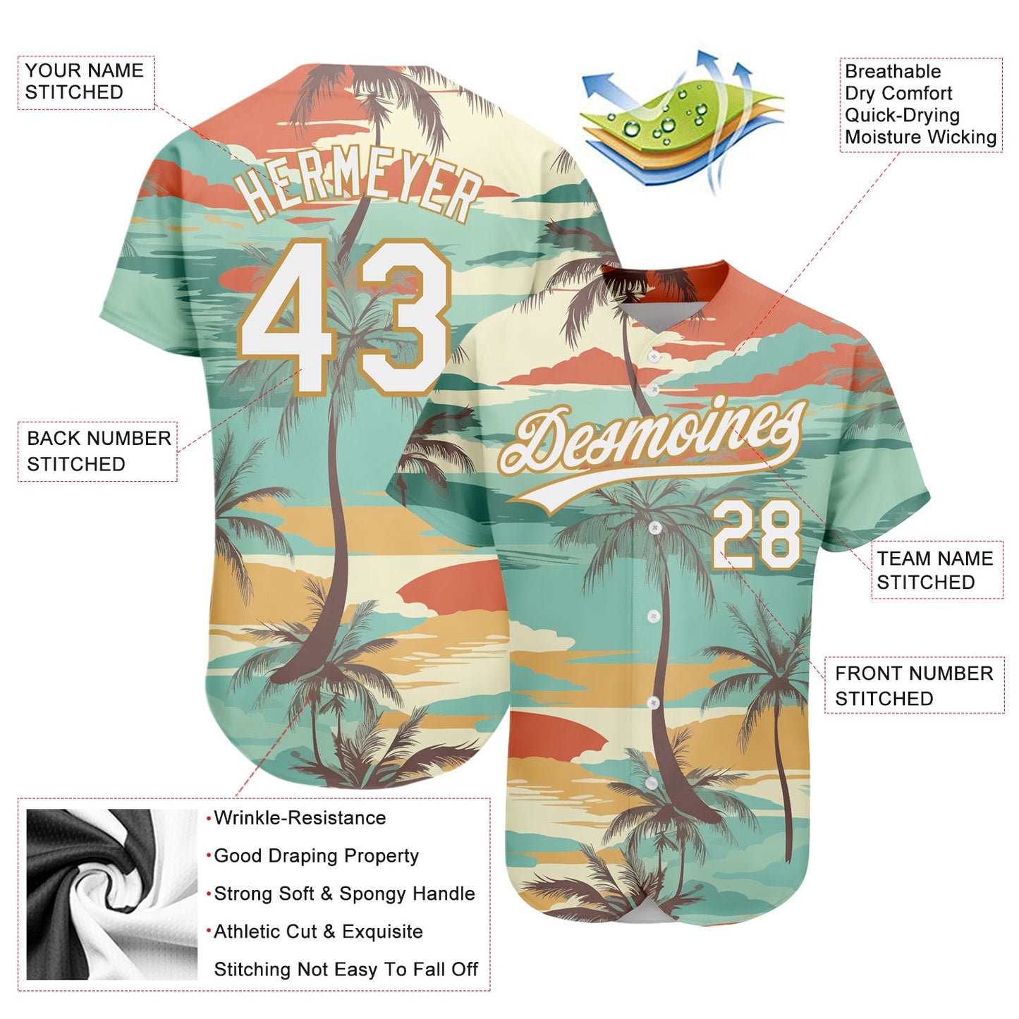 Custom Aqua White-Old Gold 3D Pattern Design Cartoon Hawaii Palm Trees Authentic Baseball Jersey - Sky-Custom