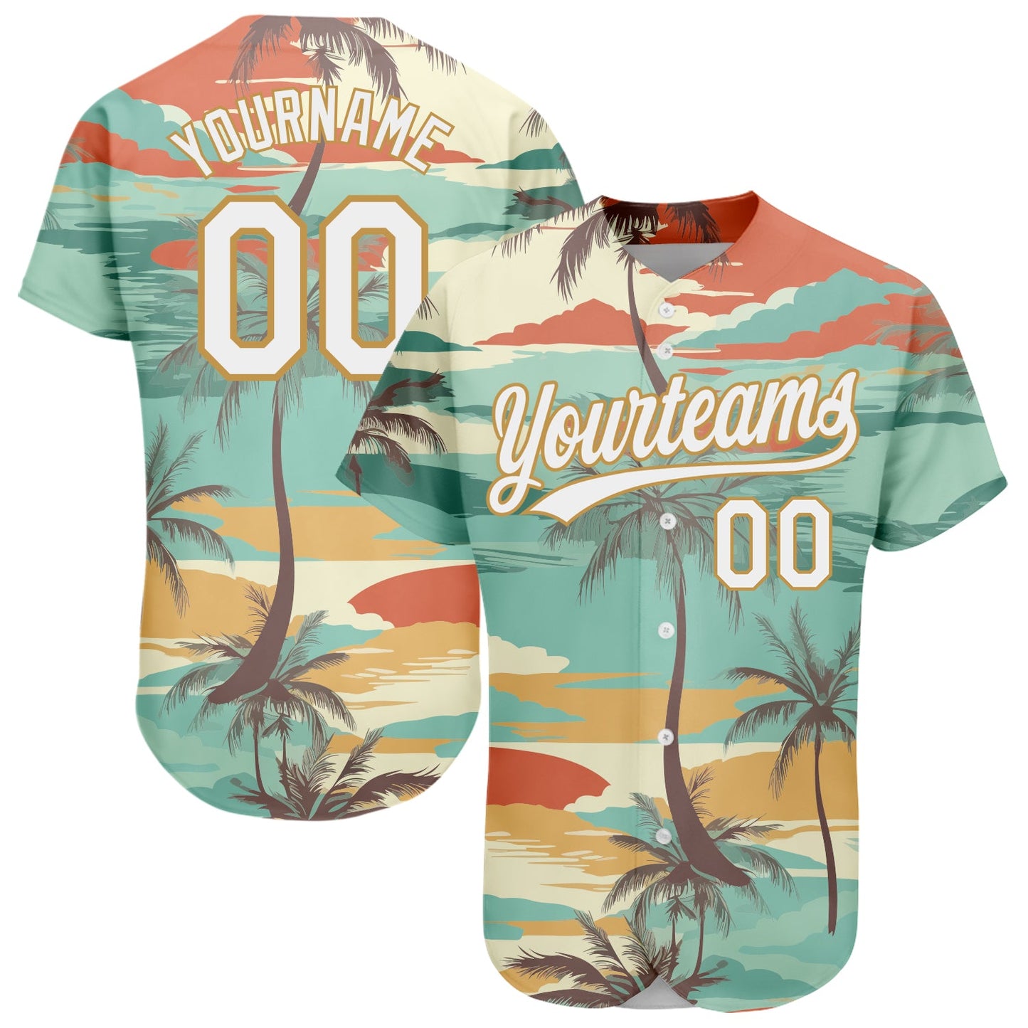 Custom Aqua White-Old Gold 3D Pattern Design Cartoon Hawaii Palm Trees Authentic Baseball Jersey - Sky-Custom