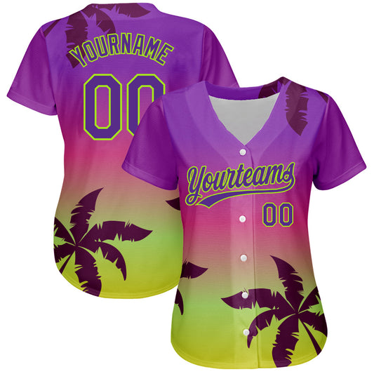 Custom Purple Neon Green 3D Pattern Design Hawaii Palm Trees Authentic Baseball Jersey - Sky-Custom