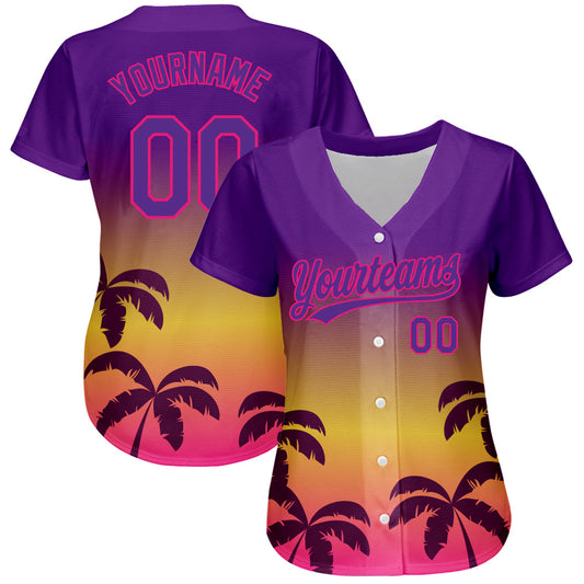 Custom Purple Hot Pink 3D Pattern Design Hawaii Palm Trees Authentic Baseball Jersey - Sky-Custom
