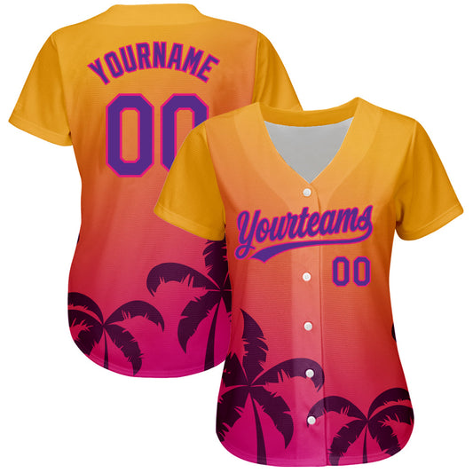 Custom Gold Purple-Hot Pink 3D Pattern Design Hawaii Palm Trees Authentic Baseball Jersey - Sky-Custom