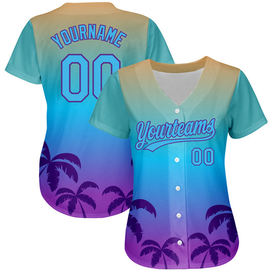 Custom Sky Blue Purple 3D Pattern Design Hawaii Palm Trees Authentic Baseball Jersey - Sky-Custom