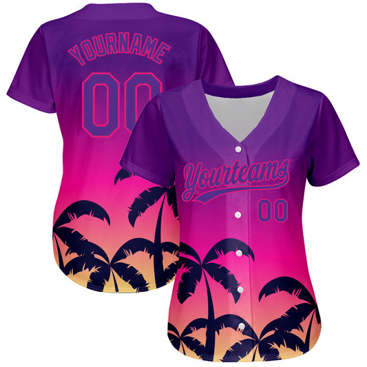 Custom Purple Hot Pink 3D Pattern Design Hawaii Palm Trees Authentic Baseball Jersey - Sky-Custom