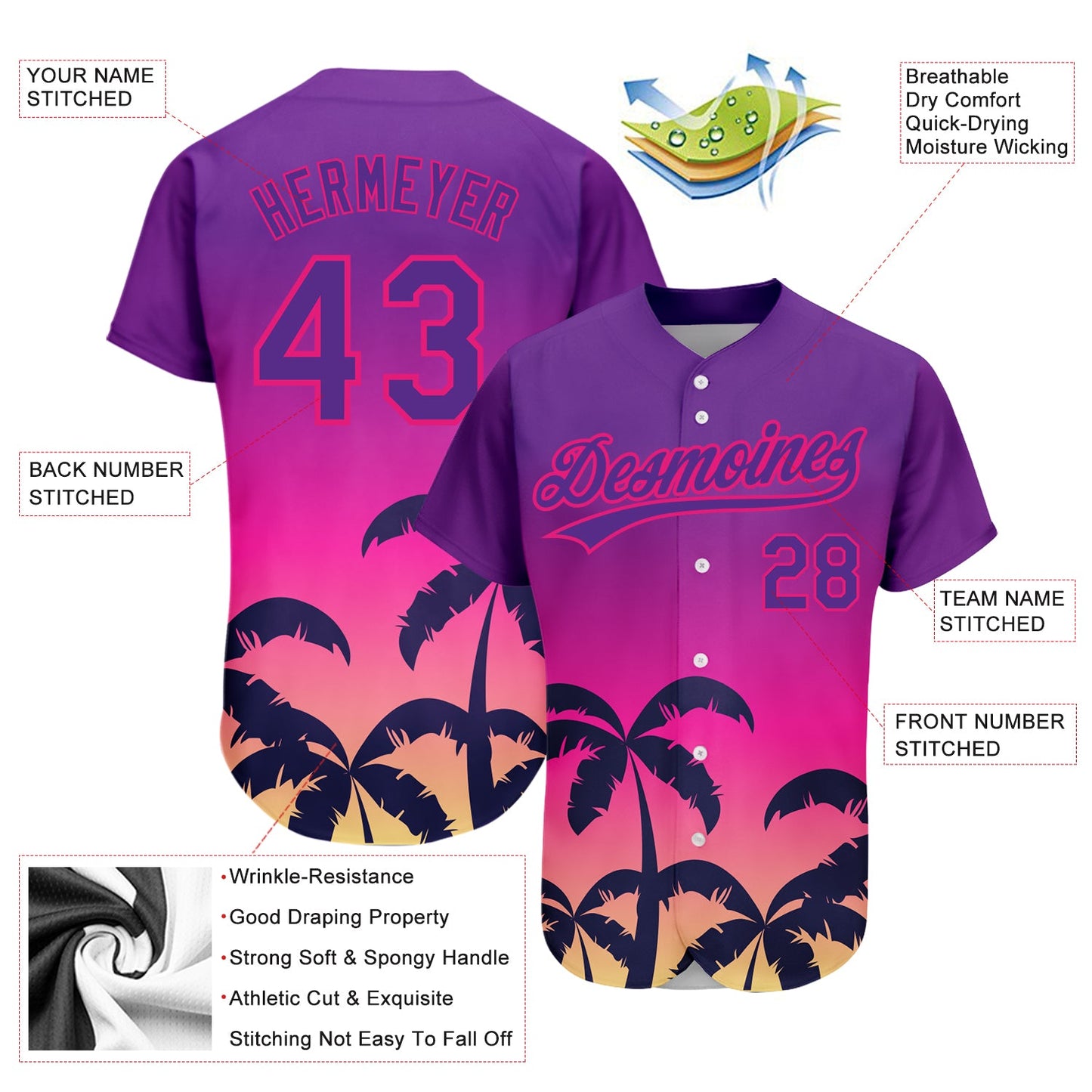 Custom Purple Hot Pink 3D Pattern Design Hawaii Palm Trees Authentic Baseball Jersey - Sky-Custom