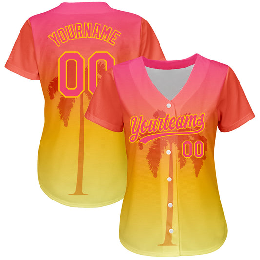 Custom Neon Pink Yellow 3D Pattern Design Hawaii Palm Trees Authentic Baseball Jersey - Sky-Custom