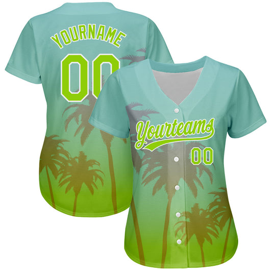 Custom Aqua Neon Green-White 3D Pattern Design Hawaii Palm Trees Authentic Baseball Jersey - Sky-Custom