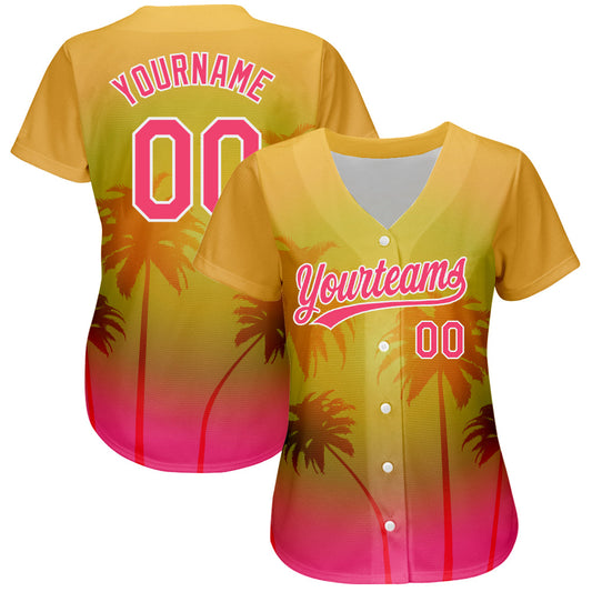 Custom Gold Neon Pink-White 3D Pattern Design Hawaii Palm Trees Authentic Baseball Jersey - Sky-Custom