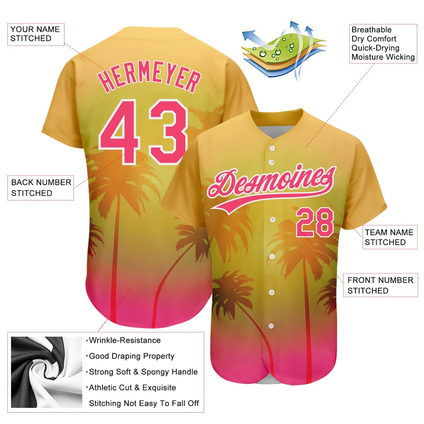 Custom Gold Neon Pink-White 3D Pattern Design Hawaii Palm Trees Authentic Baseball Jersey - Sky-Custom