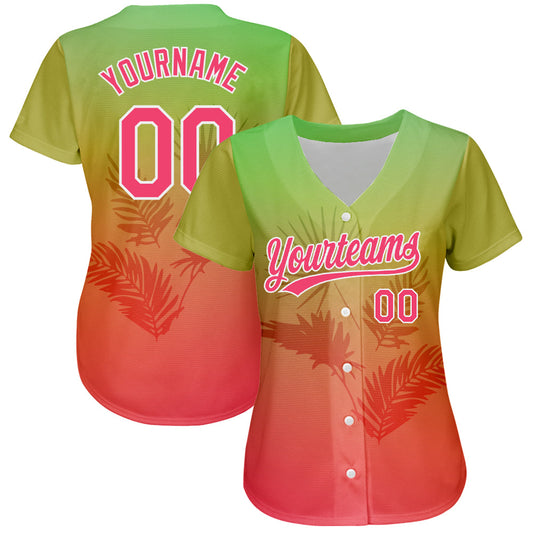 Custom Neon Green Neon Pink-White 3D Pattern Design Hawaii Palm Leaves Authentic Baseball Jersey - Sky-Custom