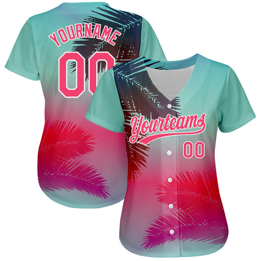 Custom Aqua Neon Pink-White 3D Pattern Design Hawaii Palm Leaves Authentic Baseball Jersey - Sky-Custom
