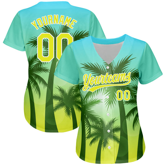 Custom Light Blue Neon Yellow-White 3D Pattern Design Hawaii Palm Trees Authentic Baseball Jersey - Sky-Custom