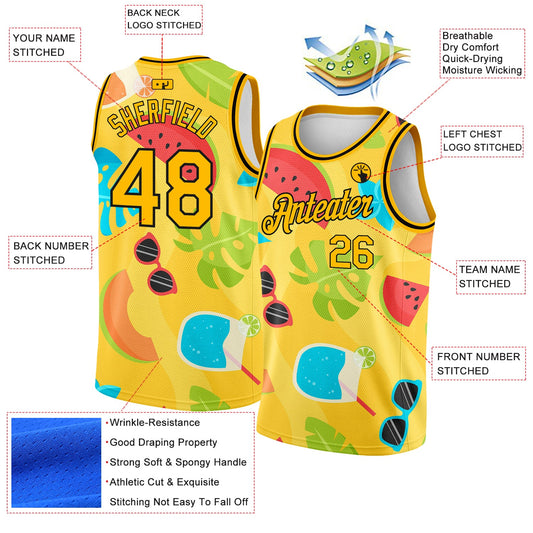 Custom Gold Black 3D Pattern Summer Hawaii Beach Holiday Authentic Basketball Jersey - Sky-Custom