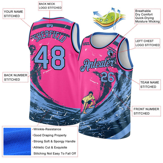 Custom Pink Light Blue-Black 3D Pattern Summer Beach Surfing Authentic Basketball Jersey - Sky-Custom