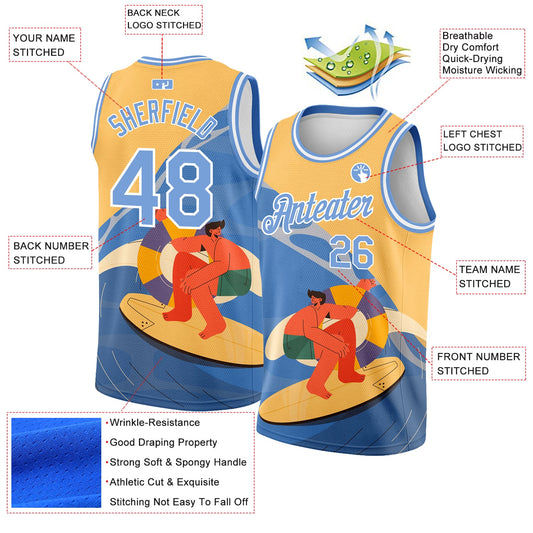 Custom Gold Light Blue-White 3D Pattern Summer Beach Surfing Authentic Basketball Jersey - Sky-Custom
