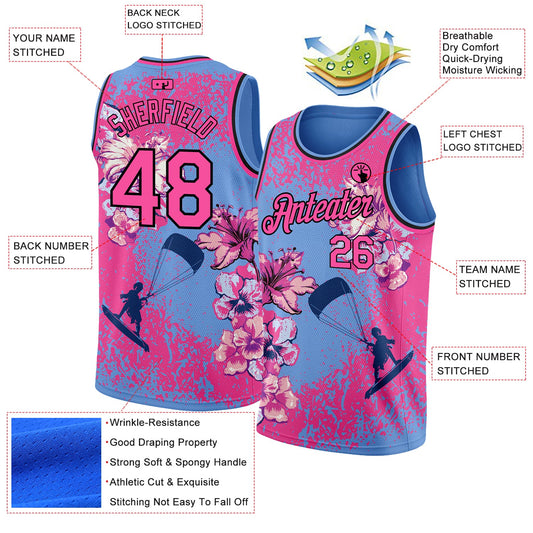 Custom Light Blue Pink-Black 3D Pattern Flowers And Beach Surfing Authentic Basketball Jersey - Sky-Custom