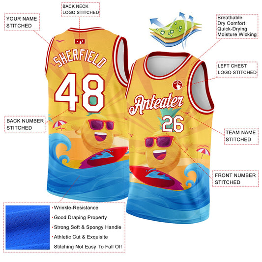 Custom Gold White-Red 3D Pattern Summer Beach Surfing Authentic Basketball Jersey - Sky-Custom