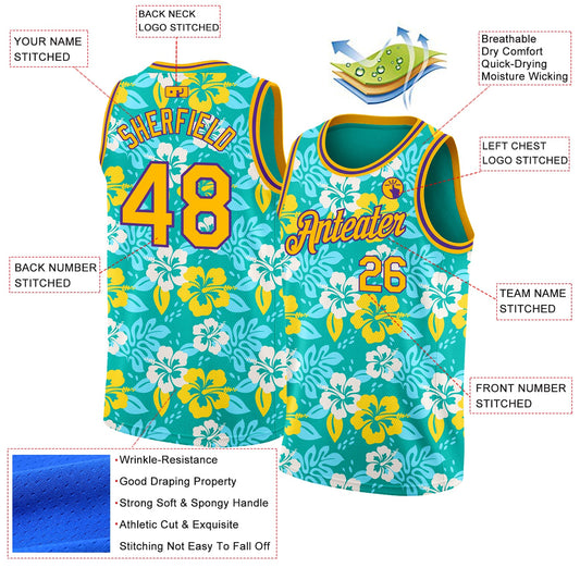 Custom Aqua Gold-Purple 3D Pattern Hawaii Flowers Authentic Basketball Jersey - Sky-Custom