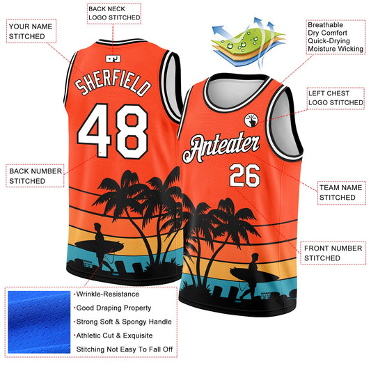 Custom Orange White-Black 3D Pattern Hawaii Beach Palm Trees Authentic Basketball Jersey - Sky-Custom