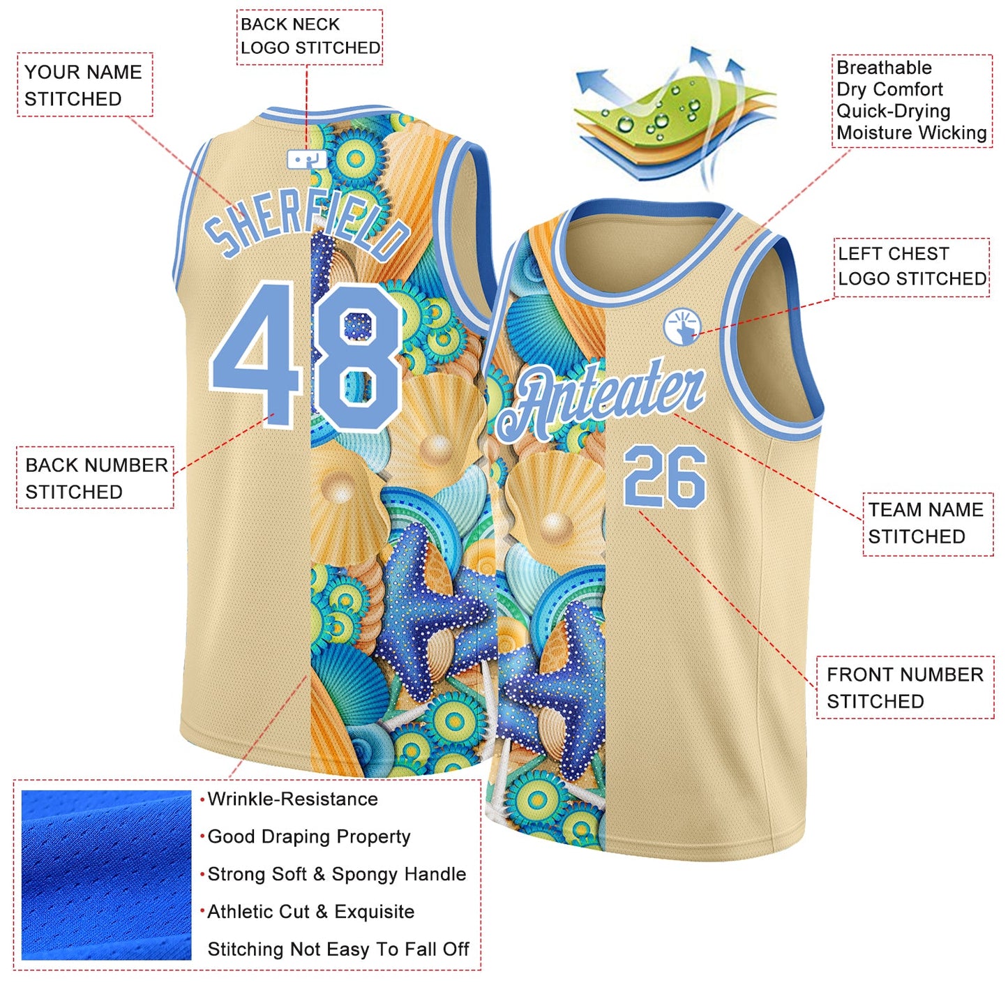 Custom City Cream Light Blue-White 3D Pattern Beach Seashells And Starfishes Authentic Basketball Jersey - Sky-Custom