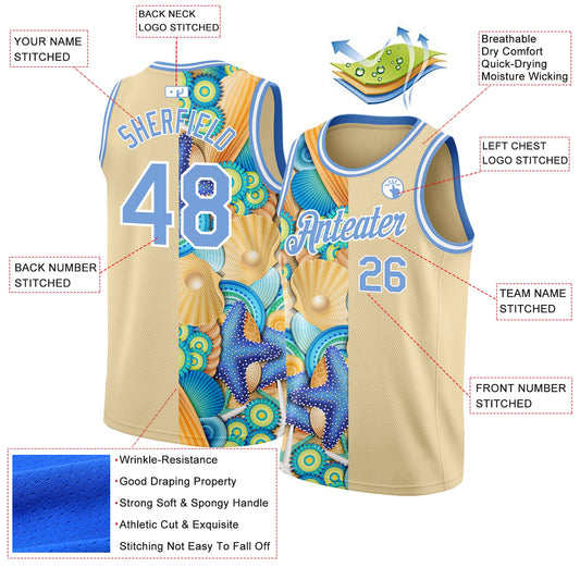 Custom City Cream Light Blue-White 3D Pattern Beach Seashells And Starfishes Authentic Basketball Jersey - Sky-Custom
