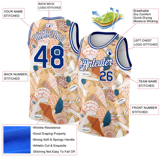 Custom City Cream Royal-White 3D Pattern Beach Seashells And Starfishes Authentic Basketball Jersey - Sky-Custom