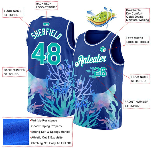 Custom Royal Aqua-White 3D Pattern Design Ocean World Authentic Basketball Jersey - Sky-Custom