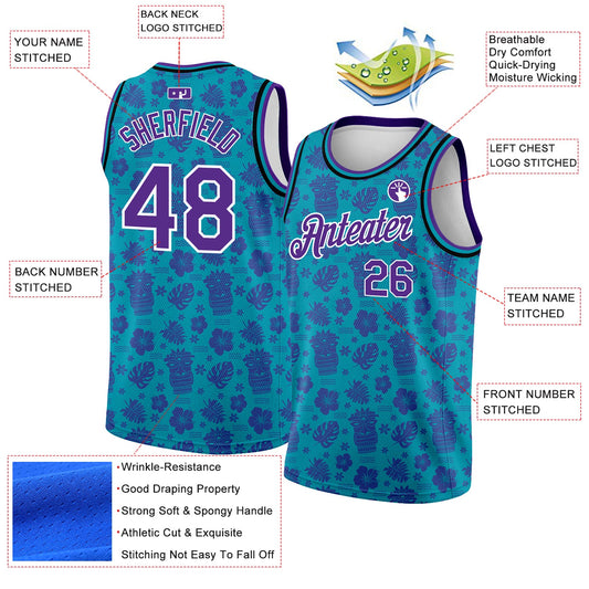 Custom Teal Purple-White 3D Pattern Hawaii Palm Trees Authentic Basketball Jersey - Sky-Custom